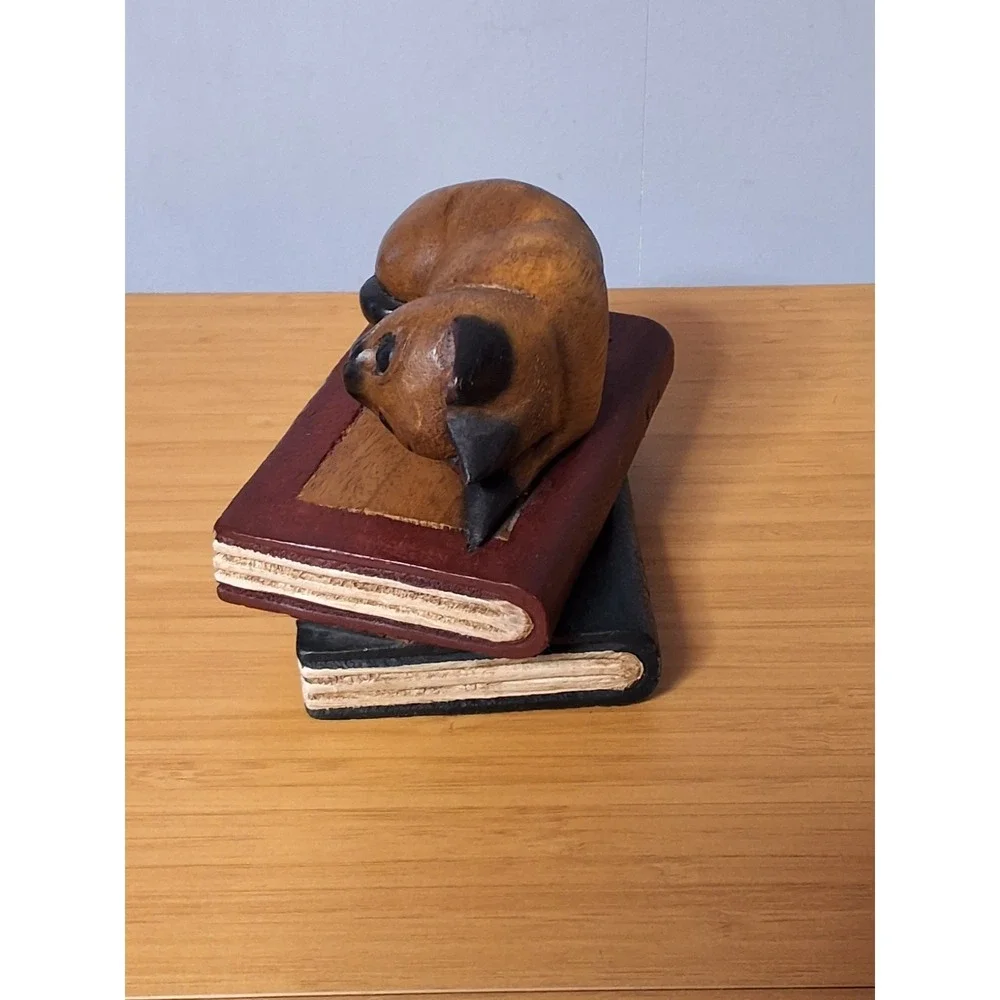 Vintage Handcrafted Wooden Cat Sleeping On Books Paper Weight. Made In Thailand